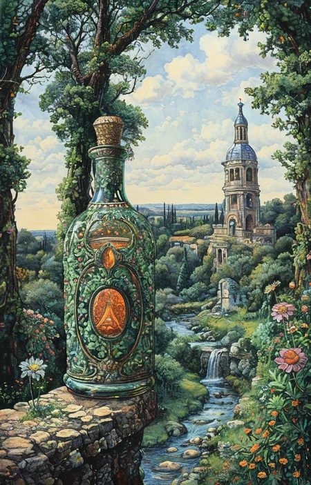 masterpiece,best quality,<lora:tbh179-sdxl:0.9>,illustration,style of David Welker, A bottle of perfume in garden