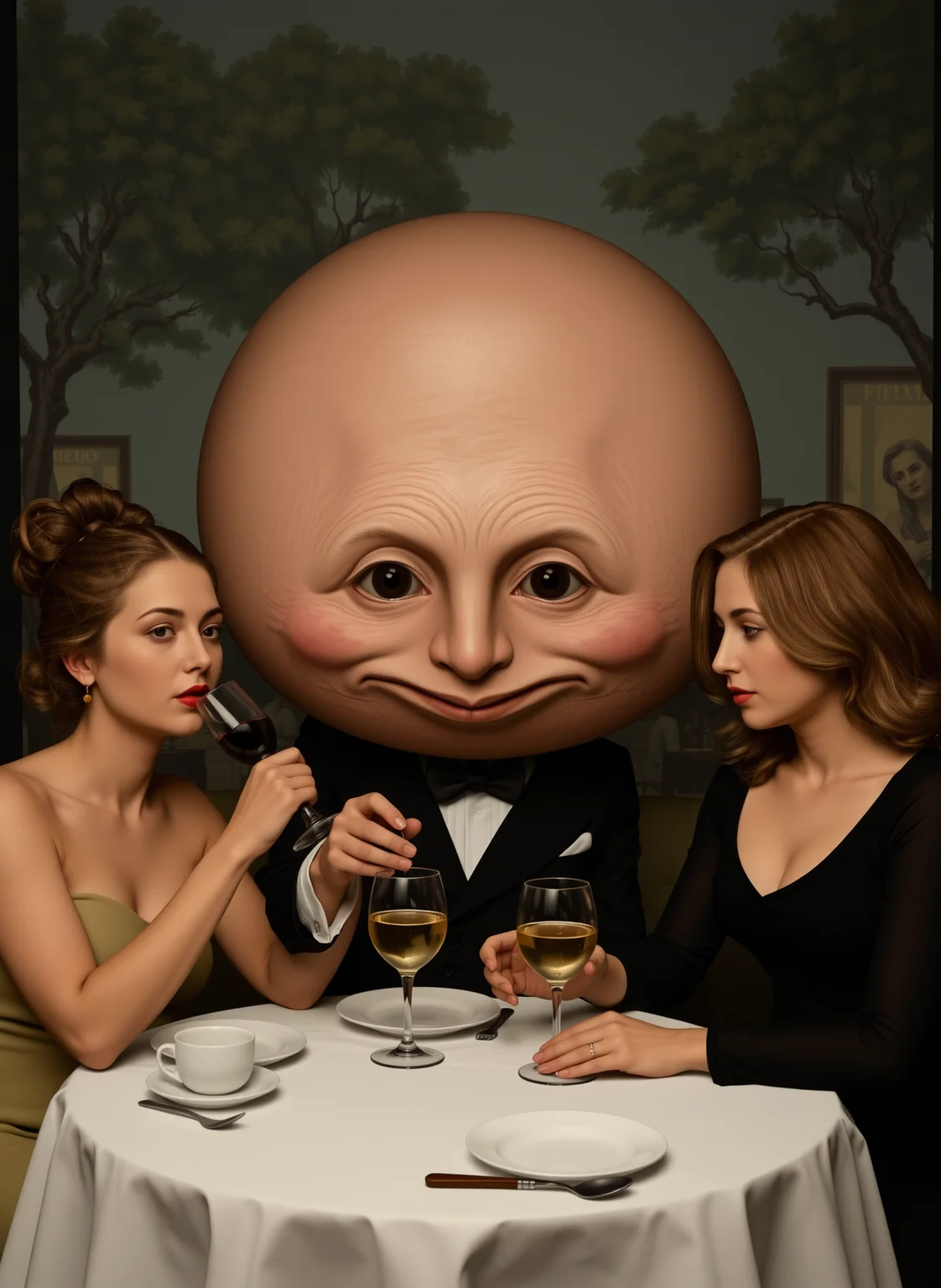 art by henri rousseau, art by botero, an unpleasant blob alien creature sitting in a paris cafe drinking white wine with two women, surreal, moody, cinematic, hazy, dreamlike, best quality, highly detailed faces, highly detailed eyes