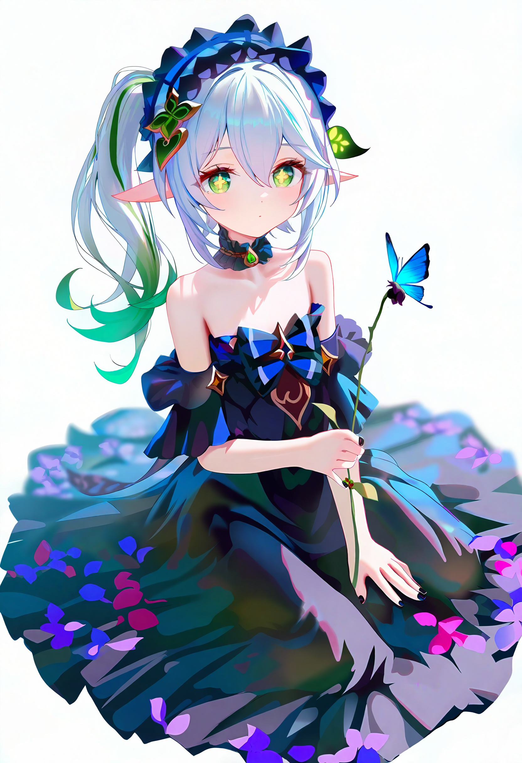 (nababa:0.7),(artist:ningen_mame:0.9),(artist:sho_(sho_lwlw):0.9),(artist:rhasta:0.9),(artist:wlop:0.7),(artist:ke-ta:0.59), year 2023,best quality,amazing quality,very aesthetic,absurdres,
(fkey:0.3),(tiv:0.8),nahida,1girl,alternate_costume,bangs,bare_shoulders,black_dress,black_flower,black_nails,black_rose,bug,butterfly,character_name,choker,collarbone,colored_tips,cross-shaped_pupils,dress,explicit,flower,frilled_choker,frills,gem,general,gradient_hair,green_eyes,green_flower,green_gemstone,green_hair,grey_hair,hair_between_eyes,hair_ornament,hairband,holding,holding_flower,jewelry,lolita_fashion,lolita_hairband,long_hair,looking_at_viewer,multicolored_hair,nahida_(genshin_impact),nail_polish,pointy_ears,portrait,questionable,rose,sensitive,side_ponytail,sidelocks,solo,symbol-shaped_pupils,upper_body,white_background,white_hair,
masterpiece,best quality,newest,absurdres,highres,wariza,