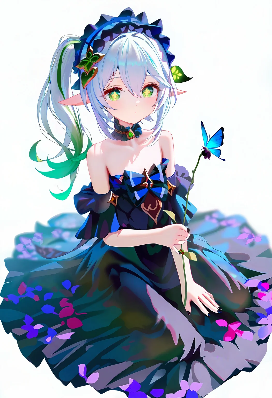 (nababa:0.7),(artist:ningen_mame:0.9),(artist:sho_(sho_lwlw):0.9),(artist:rhasta:0.9),(artist:wlop:0.7),(artist:ke-ta:0.59), year 2023,best quality,amazing quality,very aesthetic,absurdres,
(fkey:0.3),(tiv:0.8),nahida,1girl,alternate_costume,bangs,bare_shoulders,black_dress,black_flower,black_nails,black_rose,bug,butterfly,character_name,choker,collarbone,colored_tips,cross-shaped_pupils,dress,explicit,flower,frilled_choker,frills,gem,general,gradient_hair,green_eyes,green_flower,green_gemstone,green_hair,grey_hair,hair_between_eyes,hair_ornament,hairband,holding,holding_flower,jewelry,lolita_fashion,lolita_hairband,long_hair,looking_at_viewer,multicolored_hair,nahida_(genshin_impact),nail_polish,pointy_ears,portrait,questionable,rose,sensitive,side_ponytail,sidelocks,solo,symbol-shaped_pupils,upper_body,white_background,white_hair,
masterpiece,best quality,newest,absurdres,highres,wariza,