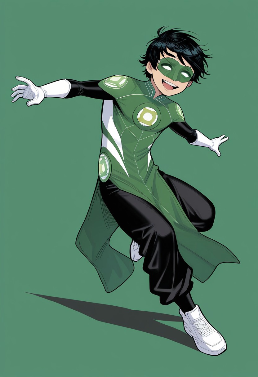 masterpiece, absurdres, high quality, perfect anatomy, 1boy, solo, cute boy, male focus, TaiPham, Black Hair, Green Lantern Ring, Green Lantern Costume, Green and Black Bodysuit, Green Domino Mask, White Eyes, White Gloves, Pelvic Curtain, Black Pants, White Shoes, big smile, cinematic, intricately detailed illustration, depth of field, masterpiece, best quality, amazing quality, very aesthetic, absurdres, newest, very awa,  shadow, dynamic angle, casual cosplay, dynamic pose, simple background, green theme