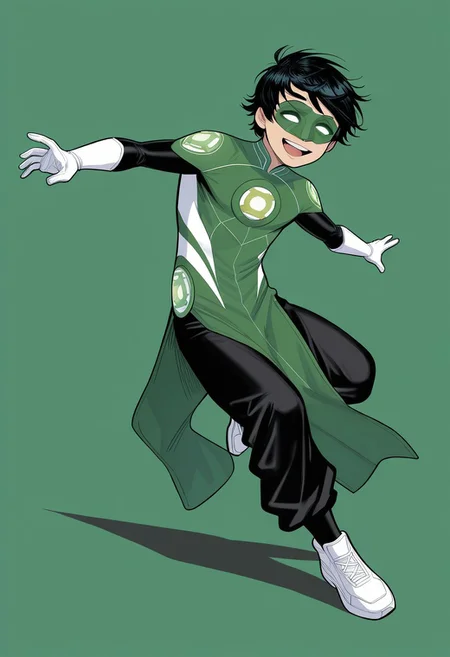 masterpiece, absurdres, high quality, perfect anatomy, 1boy, solo, cute boy, male focus, TaiPham, Black Hair, Green Lantern Ring, Green Lantern Costume, Green and Black Bodysuit, Green Domino Mask, White Eyes, White Gloves, Pelvic Curtain, Black Pants, White Shoes, big smile, cinematic, intricately detailed illustration, depth of field, masterpiece, best quality, amazing quality, very aesthetic, absurdres, newest, very awa, shadow, dynamic angle, casual cosplay, dynamic pose, simple background, green theme