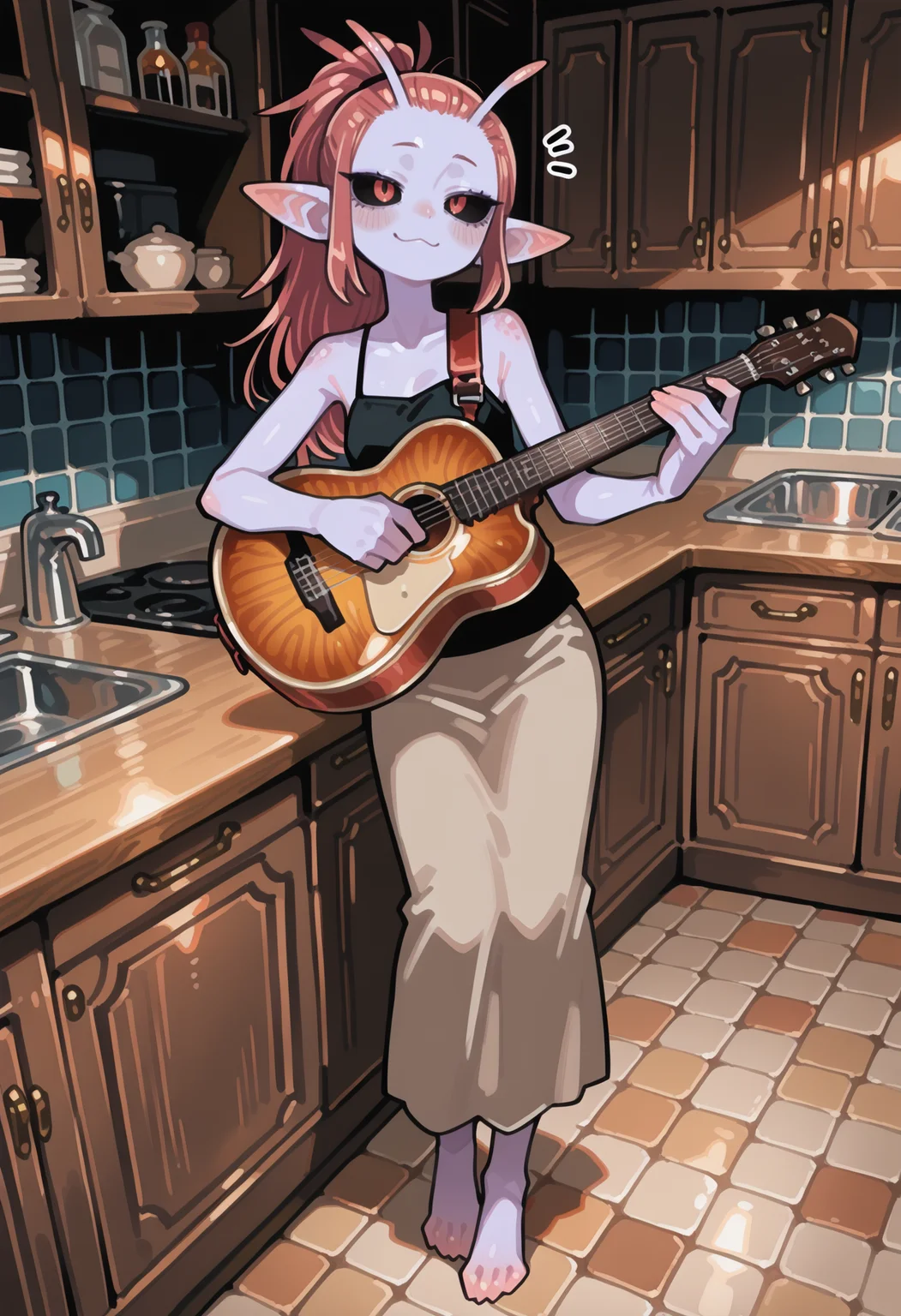 1girl, (monster girl, alien girl, alien), spotted body, head antenna, alien ears, (black sclera),  (colored skin, purple skin),  crimson hair, long hair, spiked hair, high ponytail,        
BREAK   1girl, bard, holding instrument, full body,  =_=, :3,    
BREAK    narrowed sight,          camisole, long skirt, pantyhose,  kitchen counter, wooden cabinets,    
BREAK safe, ((ino \(tellu0120\):1.05), (kuzuvine:1.1)),  masterpiece, best quality, very aesthetic, absurdres, newest, <lora:ponyv5_noobE11_1_adamW:0.5>, <lora:lora:0.3>
