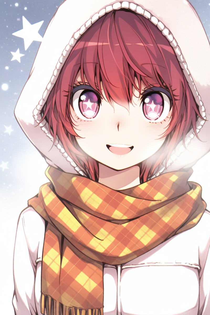 masterpiece, best quality, amazing quality,
 <lora:CrzNghbr_IL:1> crznghbr, scarf, 1girl, solo, hood, red hair, smile, looking at viewer, short hair, plaid scarf, upper body, open mouth, star (symbol), pink eyes, plaid, winter