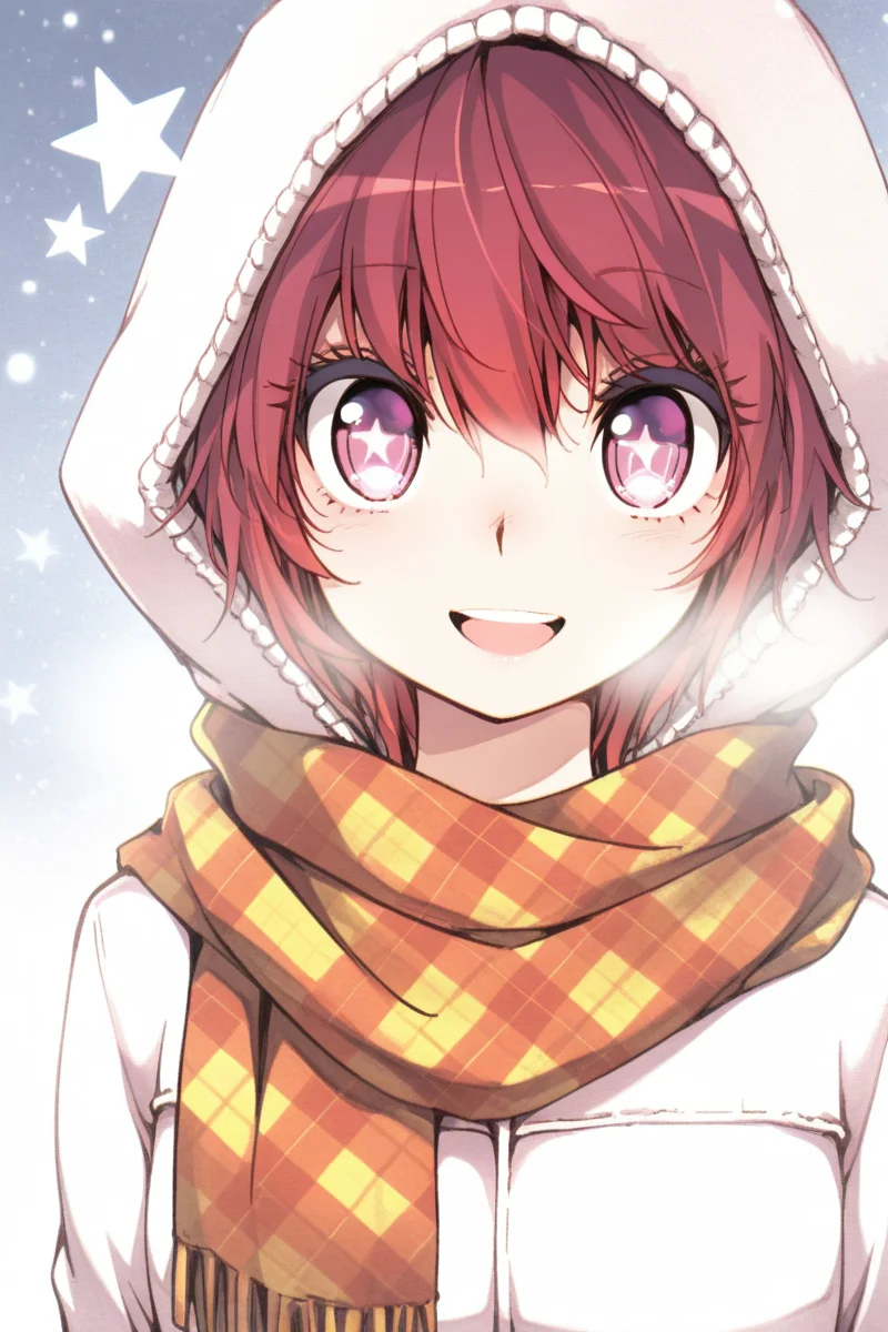 masterpiece, best quality, amazing quality,
<lora:CrzNghbr_IL:1> crznghbr, scarf, 1girl, solo, hood, red hair, smile, looking at viewer, short hair, plaid scarf, upper body, open mouth, star (symbol), pink eyes, plaid, winter