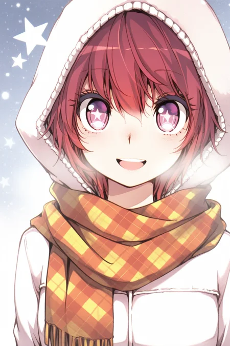 masterpiece, best quality, amazing quality,
 <lora:CrzNghbr_IL:1> crznghbr, scarf, 1girl, solo, hood, red hair, smile, looking at viewer, short hair, plaid scarf, upper body, open mouth, star (symbol), pink eyes, plaid, winter