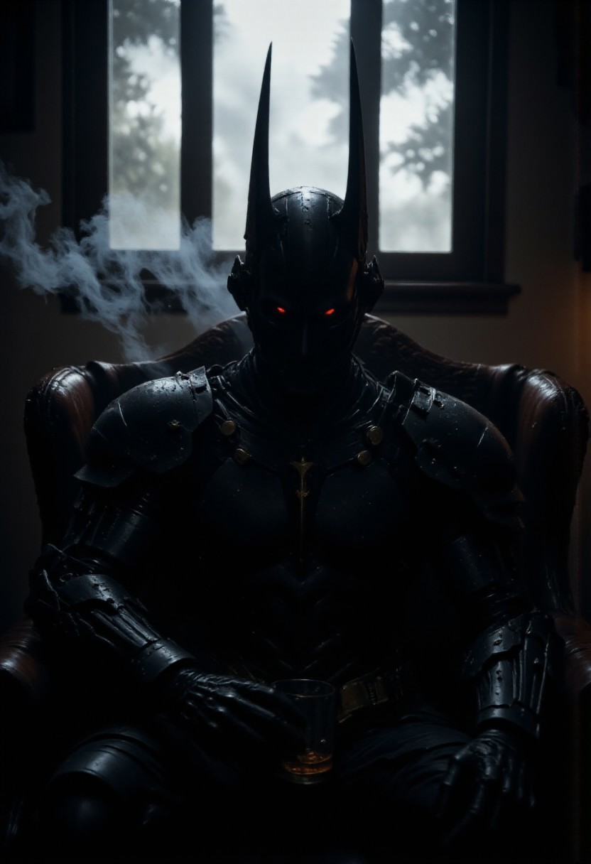 M200, mythp0rt, Head Closeup, dark-mood-mod, high quality cinematic shot of a sleek but intricate mechanical Samurai knight in deep black segmented armor, sitting broodingly on a worn-out leather couch in a shadow-drenched room, his glowing red eyes piercing through the gloom, one hand resting on his knee, the other loosely gripping a glass of untouched whiskey, rainy window in the background casting streaks of light, (noir-batman-style:1.4), (volumetric lighting), (raytracing:1.3), (ambient occlusion), (cinematic lighting:1.3), (chromatic aberration), (4K image quality:1.3), (sharp detail:1.3), (highly realistic:1.3), (dim warm cinematic lighting:1.3), (moody shadows:1.3), (cigarette smoke drifting in air:1.2) articyborg, in the style of artics