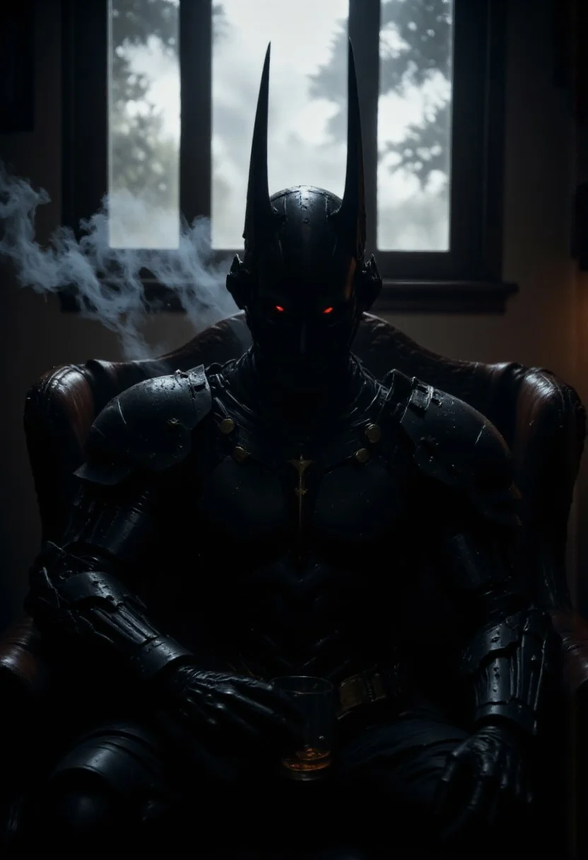 M200, mythp0rt, Head Closeup, dark-mood-mod, high quality cinematic shot of a sleek but intricate mechanical Samurai knight in deep black segmented armor, sitting broodingly on a worn-out leather couch in a shadow-drenched room, his glowing red eyes piercing through the gloom, one hand resting on his knee, the other loosely gripping a glass of untouched whiskey, rainy window in the background casting streaks of light, (noir-batman-style:1.4), (volumetric lighting), (raytracing:1.3), (ambient occlusion), (cinematic lighting:1.3), (chromatic aberration), (4K image quality:1.3), (sharp detail:1.3), (highly realistic:1.3), (dim warm cinematic lighting:1.3), (moody shadows:1.3), (cigarette smoke drifting in air:1.2) articyborg, in the style of artics