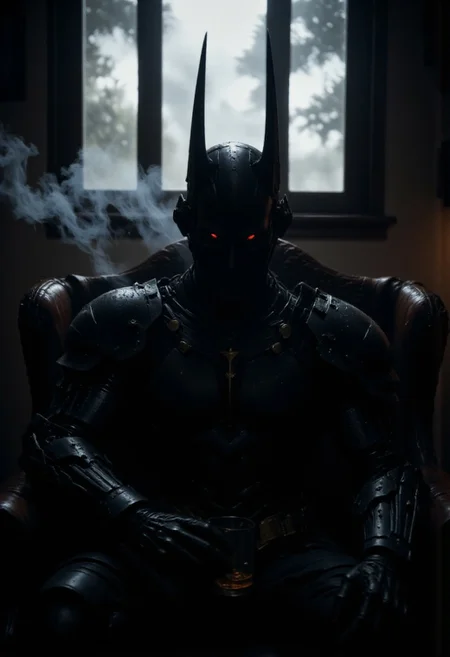 M200, mythp0rt, Head Closeup, dark-mood-mod, high quality cinematic shot of a sleek but intricate mechanical Samurai knight in deep black segmented armor, sitting broodingly on a worn-out leather couch in a shadow-drenched room, his glowing red eyes piercing through the gloom, one hand resting on his knee, the other loosely gripping a glass of untouched whiskey, rainy window in the background casting streaks of light, (noir-batman-style:1.4), (volumetric lighting), (raytracing:1.3), (ambient occlusion), (cinematic lighting:1.3), (chromatic aberration), (4K image quality:1.3), (sharp detail:1.3), (highly realistic:1.3), (dim warm cinematic lighting:1.3), (moody shadows:1.3), (cigarette smoke drifting in air:1.2) articyborg, in the style of artics