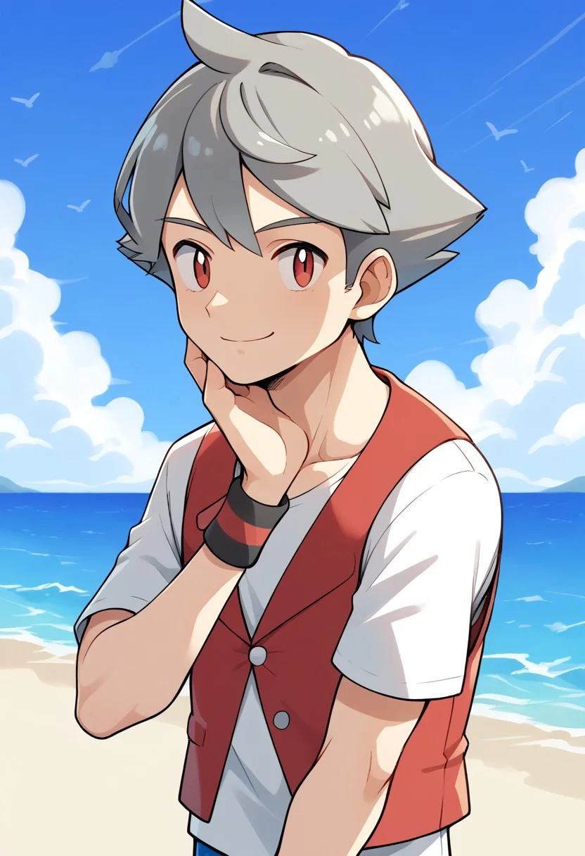 (source_anime, score_9, score_8_up, score_7_up:1), cowboy shot, 1boy, solo, grey hair, red eyes, short hair, hand on chin, red vest, white shirt, wristbands, looking at viewer, smile, outdoors, sky, beach, sea, clouds, pokemon