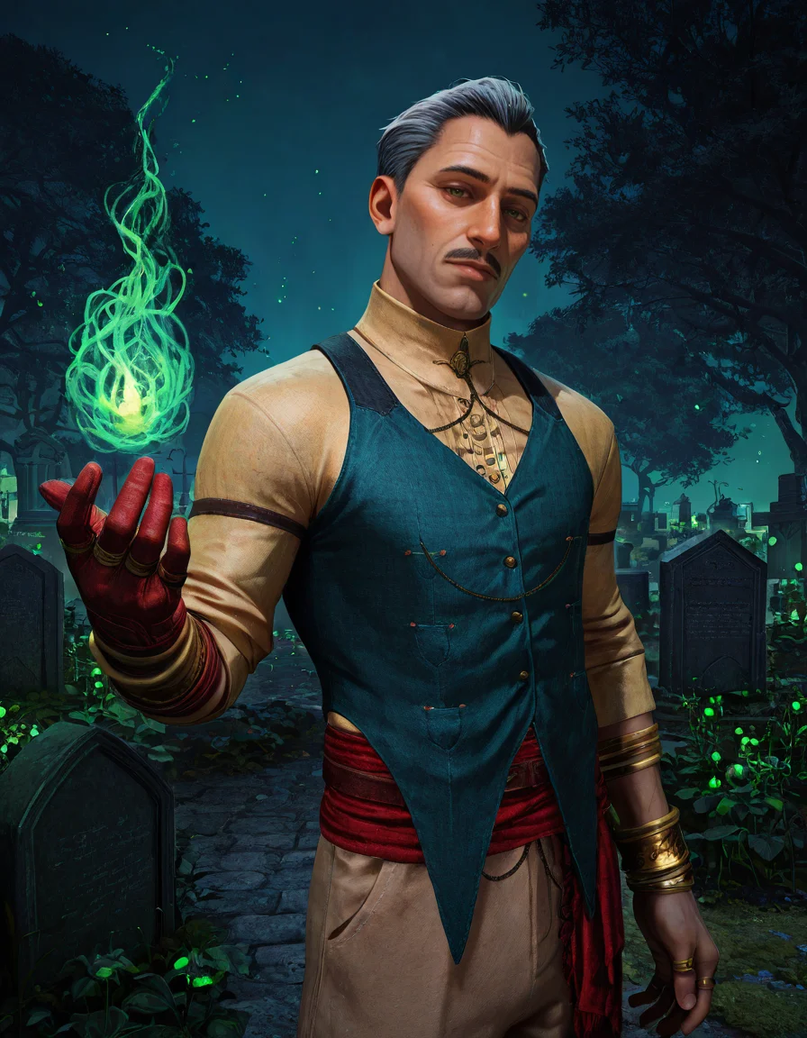 masterpiece, best quality, absurdres, newest, perfect quality, best quality, absolutely eye-catching, detailed background, intricate details, realistic, male focus, <lora:DAV - Emmrich Volkarin - Illustrious_1:0.7>, e_volkarin, mature male, grey hair, black hair, multicolored hair, very short hair, hazel eyes, mustache, green vest, yellow shirt, single red glove, bracelets, multiple rings, red waist sash, tan pants, looking at viewer, realistic, garden, flowers, night, cemetery, green theme, green fireflies, crows, standing, looking at viewer, head tilt, casting spell, magic, green energy, upper body