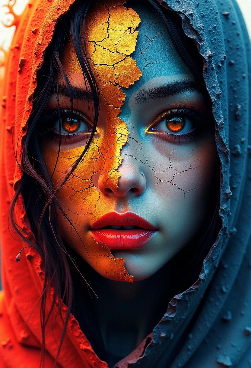abstract photorealistic ink image in vivid, surreal colour glitch gradient, gold, red and blue colour scheme, a captivating female ninja warrior, detailed hazel eyes, red lips, her face cracked into fractal plates