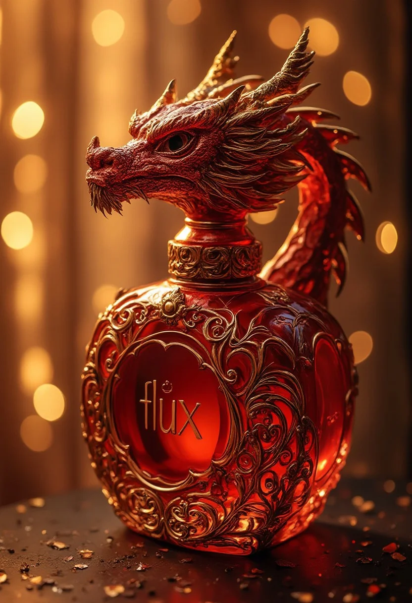 Dragon head perfume bottle, burgundy gold, transparent, openwork, golden shimmer, text in bootle:"Flux", background shimmering curtain of lights, high detail, filigree, aesthetic