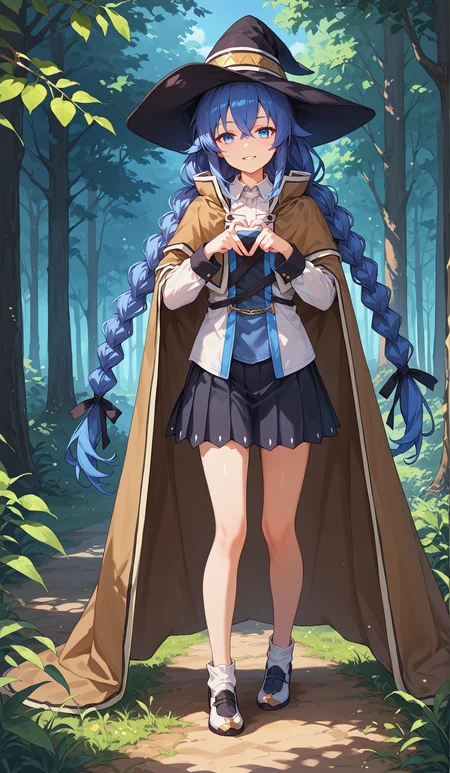 score_9, score_8_up, score_7_up,source_anime,
<lora:P-Roxy:0.8> r0x7, 1girl, solo, blue eyes, blue hair, long hair, hair between eyes, bangs, twin braids, brown cape, witch hat, cape, pleated skirt, long sleeves, black skirt, small breasts, seductive smile, parted lips, eyelashes, standing, (full body), shoes,<lora:Heart_Fingers__Concept_Lora:1> heart fingers, heart hands, forest background, 
,glistening skin, <lora:shinyskin2:0.5>, 
masterpiece, expressiveh, <lora:Expressive_H:0.3>
