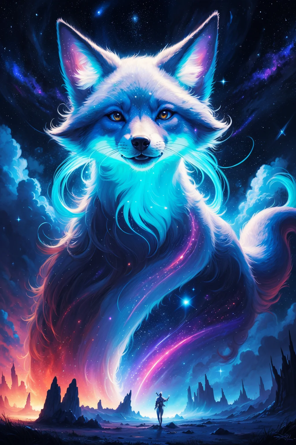 Graffiti style blue and white celestial fox, ethereal, star patterns, cosmic energy, vibrant colors, mystical aura, highly detailed, fantasy art, digital painting, best quality, high quality, high detail, 4k, 8k resolution, from below,depth of field <lora:Outfit_LucentDream:0.30> glowing, starry sky . Street art, vibrant, urban, detailed, tag, mural