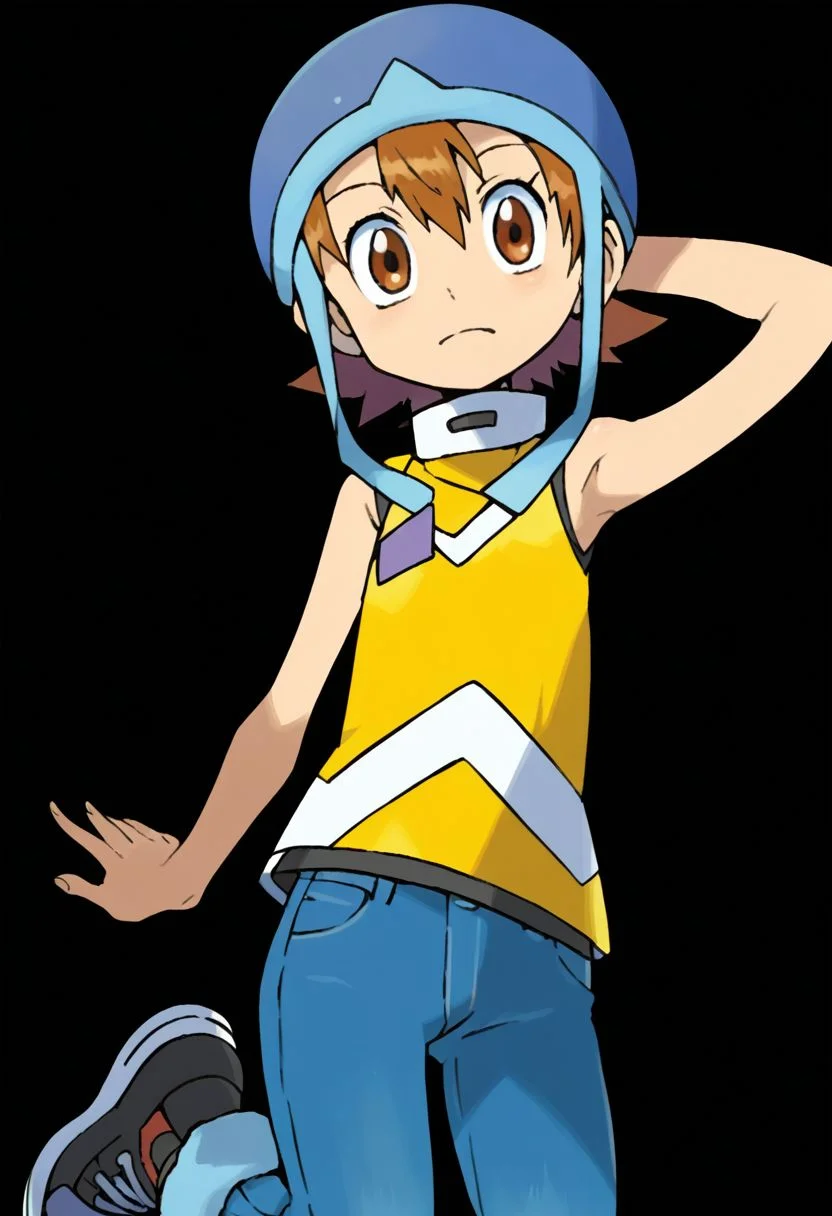 zPDXL, score_9, score_8_up, score_7_up, source_anime, <lora:Digimon_v2-15:0.8> digimon, 1girl, solo, sora, brown hair,