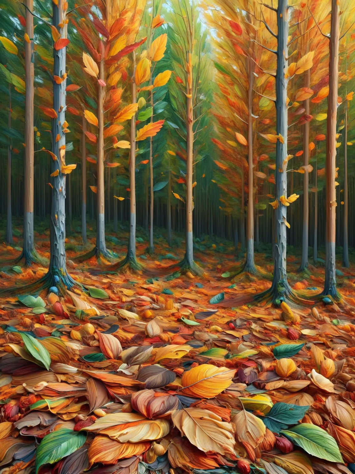 A forest of autumn leaves, each leaf a different shade and aconvered by ais-acrylicz, as if the forest were a painterâs palette <lora:Acrylic_Paint_Style_SDXL:1>