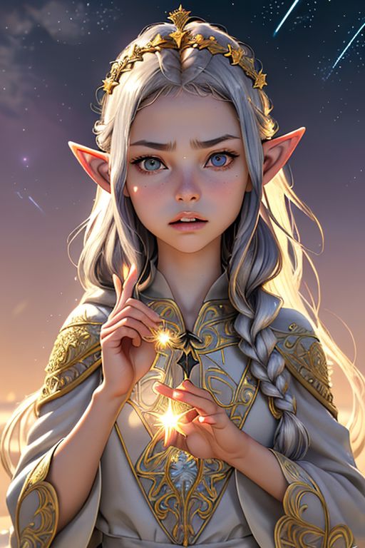 Portrait of a beautiful queen, 18yo, casting a spell, (small natural pointed ears:1.4), very long braided golden hair with silver highlights, gold circlet, (lips speaking a spell), large light grey eyes, angry, medium breasts, (finely embroidered gossamer tunic and robe with stars design), random pose, outdoors, star filled sky, golden hour, professional hyperrealist art by Chuck Close, sharp focus, dramatic, award winning, dtx, (depth of field blurry background, blurry foreground, bokeh, (masterpiece), (extremely intricate:1.3), (hyperrealistic), HD