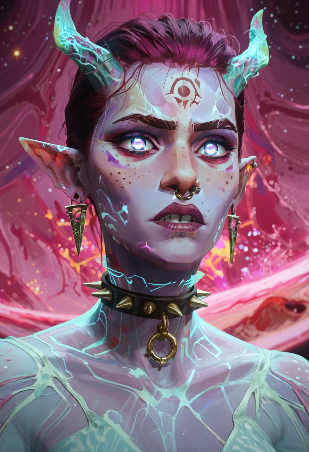 score_9, score_8_up, score_7_up,
<lora:Arcane:1> arc4n3, surreal, abstract, glowing, neon, glowing eyes, space, astral, space, stars, colored skin, see-through body, glowing hair, glowing skin,
1girl, horns, piercing, nose piercing, solo, nose ring, pointy ears, facial mark, jewelry, collar, freckles, ear piercing, spikes, earrings, spiked collar, forehead mark, portrait, lip piercing, choker, simple background, pink background, parted lips