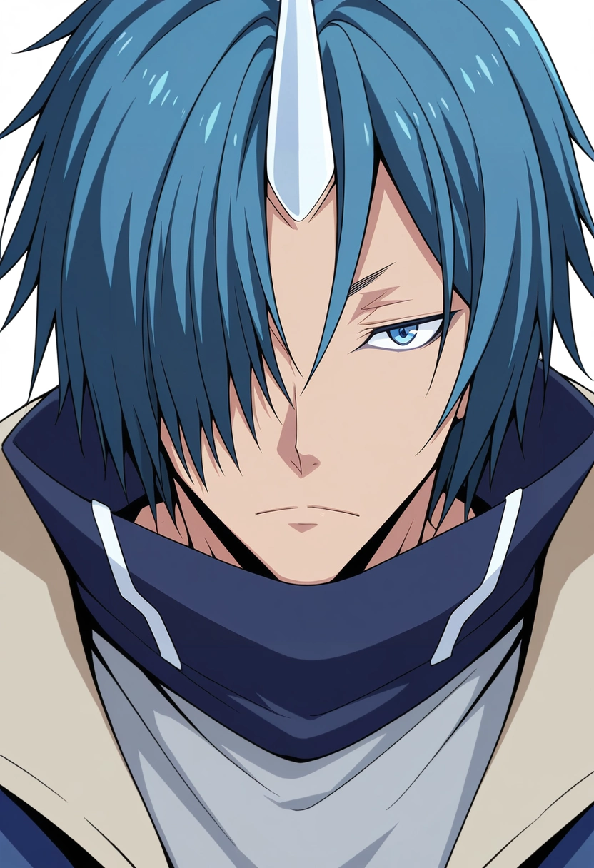 masterpiece, best quality, , , looking at viewer, 1boy, solo, male focus, <lora:souei_tensura_ilxl:0.94>, souei_tensura, blue hair, blue eyes, hair over one eye, single horn, ,