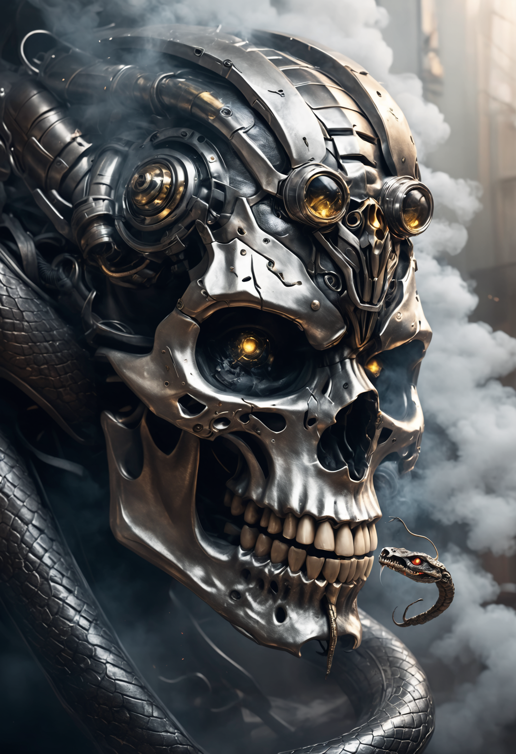 TransformersStyle, metallic skull, snake crawling through eye sockets <lora:XL_TransformersStyle:0.8>, surrounded by smoke
<lora:dvr-smk-sdxl:1>