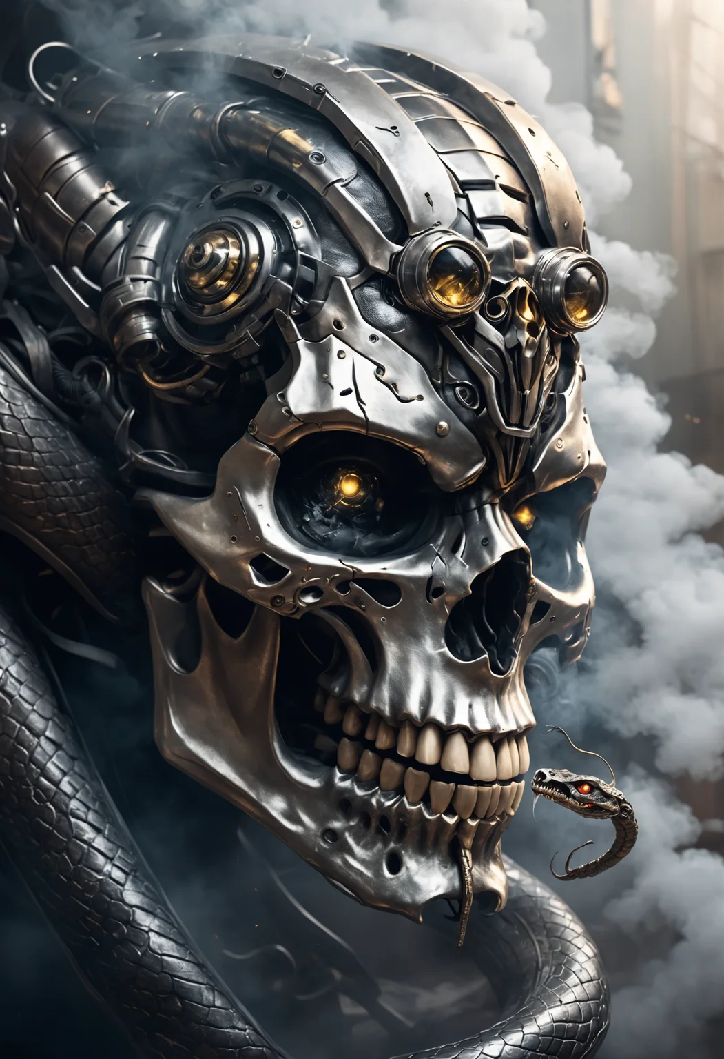 TransformersStyle, metallic skull, snake crawling through eye sockets <lora:XL_TransformersStyle:0.8>, surrounded by smoke
<lora:dvr-smk-sdxl:1>