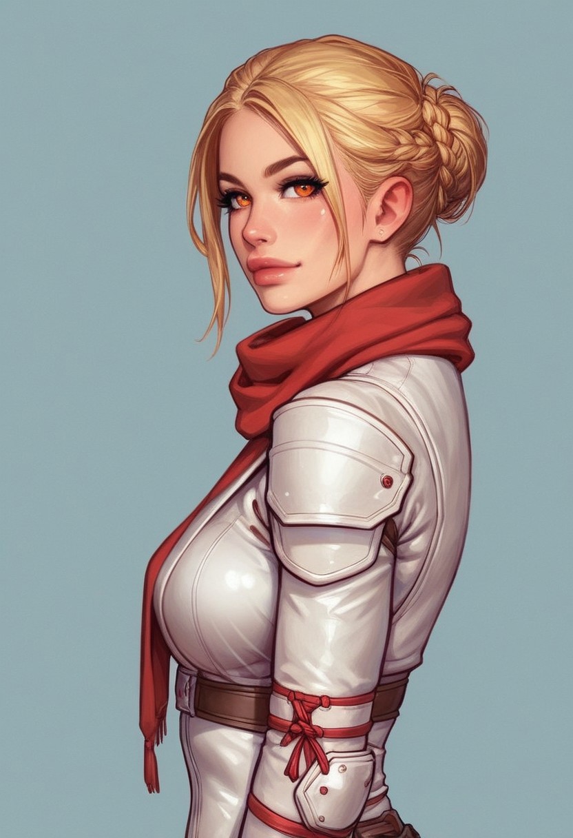 (((side view)))
A pale skinned girl, a part of the healer class in the futuristic sci-fi videogame she inhabits. Dressed in grimy and worn-out clothes, she stands in a dimly lit (underground base:1.5). Her body is adorned with white latex garments with red accents/details, including a complex design bodysuit, a scarf tied around her neck, and several white belts, white harnesses, and white holsters for her tactical equipment. Her attire is accented with red, crop jacket. She holds a handgun in her hand, ready to use it in battle, Looking at viewer, confident cute pose, shiny reflective eyes.
(((full-clothed))),
BREAK 
(outdoor background:1.9) score_9, score_8_up, score_7_up, score_6_up, source_cartoon, rating_explicit, Expressiveh, (((((upper body))))), dynamic pose