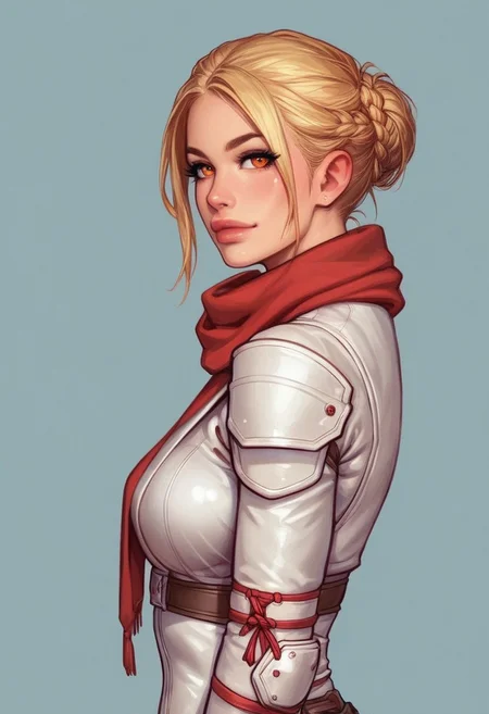 (((side view)))
A pale skinned girl, a part of the healer class in the futuristic sci-fi videogame she inhabits. Dressed in grimy and worn-out clothes, she stands in a dimly lit (underground base:1.5). Her body is adorned with white latex garments with red accents/details, including a complex design bodysuit, a scarf tied around her neck, and several white belts, white harnesses, and white holsters for her tactical equipment. Her attire is accented with red, crop jacket. She holds a handgun in her hand, ready to use it in battle, Looking at viewer, confident cute pose, shiny reflective eyes.
(((full-clothed))),
BREAK 
(outdoor background:1.9) score_9, score_8_up, score_7_up, score_6_up, source_cartoon, rating_explicit, Expressiveh, (((((upper body))))), dynamic pose