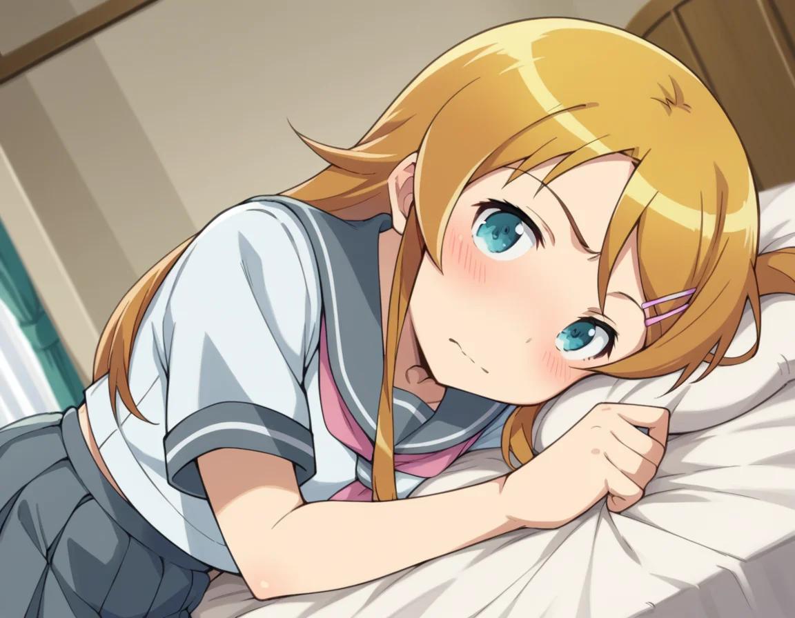 score_9, score_8_up, score_7_up, source_anime,
kirinokousaka, <lora:kirino-kousaka-s2-ponyxl-lora-nochekaiser:1>,
kirino kousaka, long hair, blue eyes, hair ornament, hairclip, orange hair, aqua eyes,
skirt, school uniform, serafuku, shirt, white shirt, grey sailor collar, grey skirt, pleated skirt, neckerchief, pink neckerchief,
indoors, bed, bed room, on side, blush, drunk,
looking at viewer, cowboy shot, solo, dutch angle,