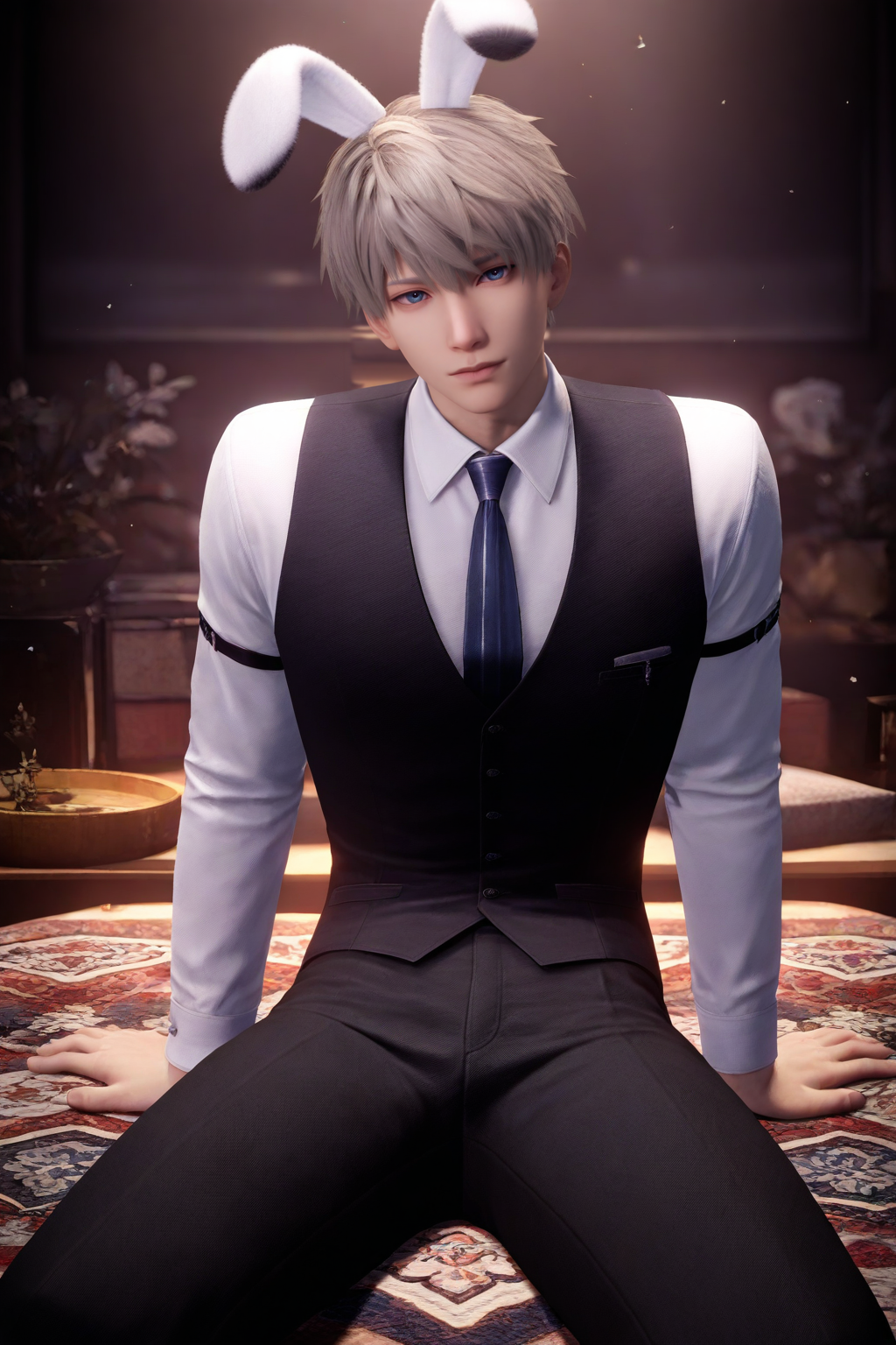 <lora:xavier-NAI:0.7>,xavier, 1boy, male focus, animal ears, rabbit ears, solo, necktie, pants, shirt, sitting, vest, black pants, blue eyes, looking at viewer, white shirt, short hair, black vest, fake animal ears, indoors, long sleeves, grey hair,yaoi,bara,male focus,very awa,masterpiece,best quality,amazing quality,nsfw,uncersored,highres,best quality,amazing quality,best aesthetic,absurdres,