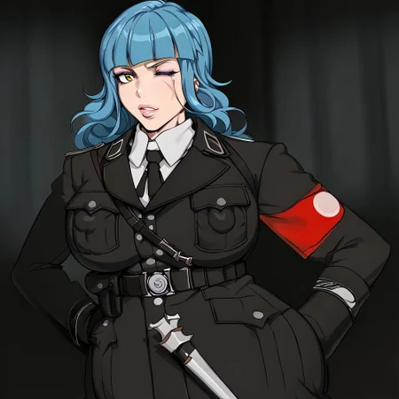 score_9, score_8_up, score_8, anime style, source_anime, BREAK, Kunaboto, 2d, anime, scar on the face, burn on the face, sexy face, makeup, eyeshadow, gyaru girl, bimbo girl, bimbo lips,thighs lips, blue hair,long hair, right eye is orange, left eye closed, 1girl,solo busty female, venus body, upper body, wide hips, thick thighs, big hips, huge breasts, huge ass, voluptuous,
slutty, curvy, bottom heavy, erected nipples, covered nipples, little muscular, small waist, big ass, big thighs, busty, curvaceous, curvy figure, hourglass figure, huge ass, large ass, thick hips, thick legs, top heavy, voluptuous female, areola slip, plump, top heavy, areola, large areola, big butt, big nipples, breasts bigger than head, female only, huge areola, muscular thighs, nipple bulge, nipple outline, nipples visible through clothing, textless, thighs bigger than head, thighs bigger than torso, chubby female, curvy ass, puffy nipples, narrow waist, breasts bigger than torso, plump thighs, hands on hips, rating_safe, xssuniformx, military uniform, black jacket, long sleeves, necktie, shoulder strap, belt, black skirt , gloves, garrison cap, armband, knee boots, background battlefield