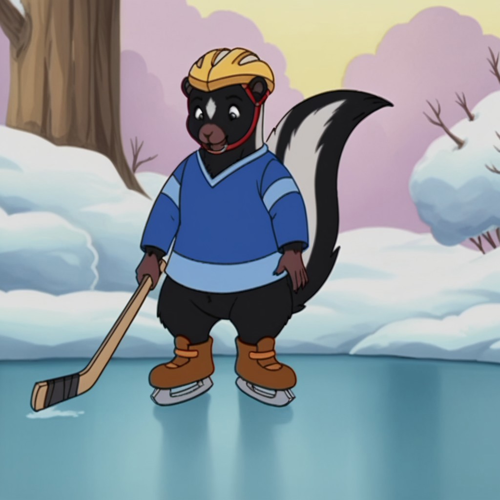 score_9, score_8_up, score_7_up, score_6_up, score_5_up, score_4_up, source_furry, skunkfrnkln, semi-anthro, female, skunk, black fur,, outside, standing, ice, winter, blue shirt, long sleeves, yellow helmet, holding hockey stick, ice skates