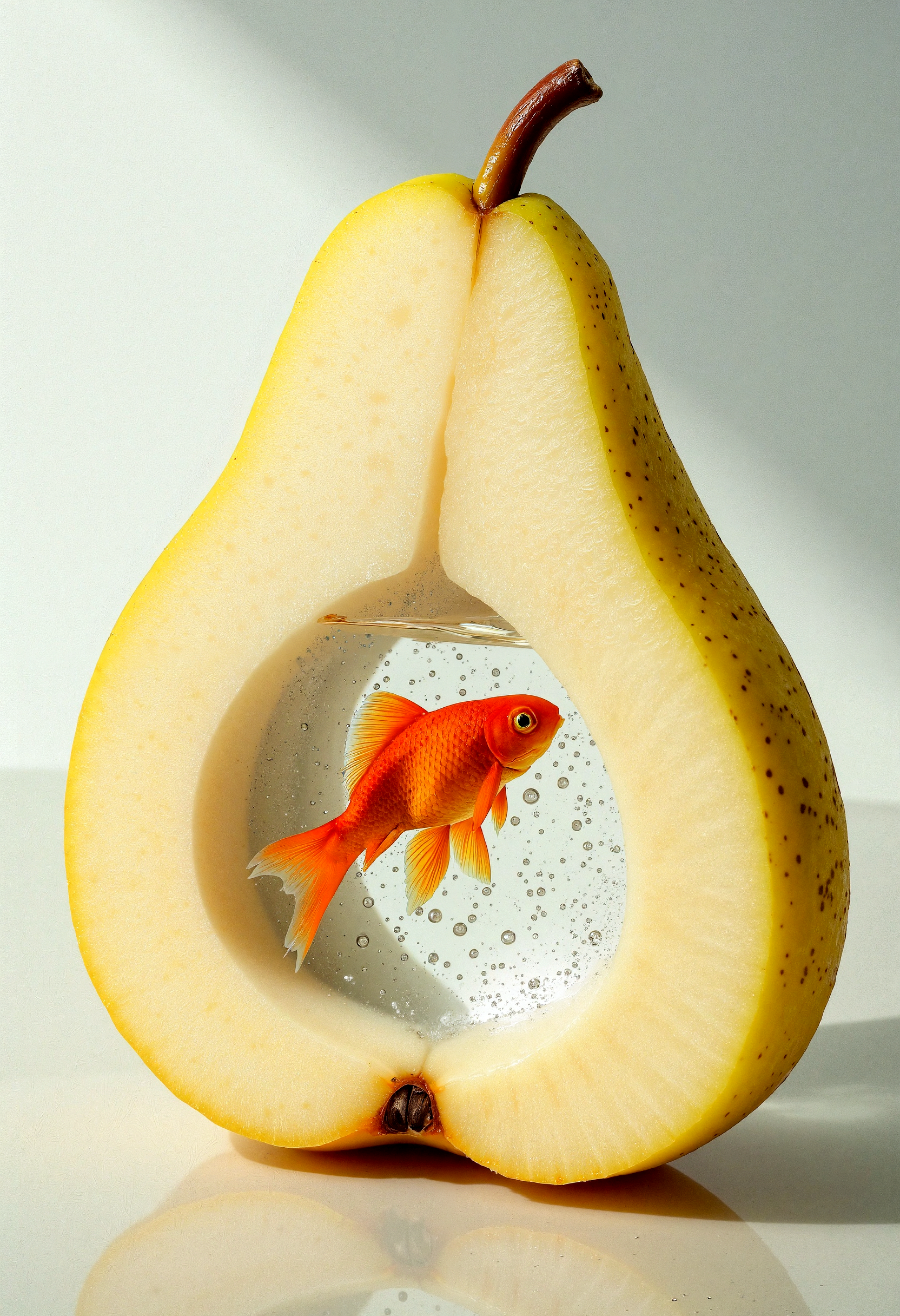 "A hyper-realistic pear split in half, its interior crafted into a crystal-clear aquarium filled with sparkling water. Inside the water, a vibrant goldfish with flowing fins swims gracefully, surrounded by small, shimmering air bubbles. The pear’s textured yellow-green skin is dotted with realistic speckles, and its stem protrudes naturally from the top. The pear is placed on a smooth, reflective surface that softly catches the golden hues of the scene. The background is minimalistic and softly lit, highlighting the surreal yet naturalistic beauty of the composition."
















