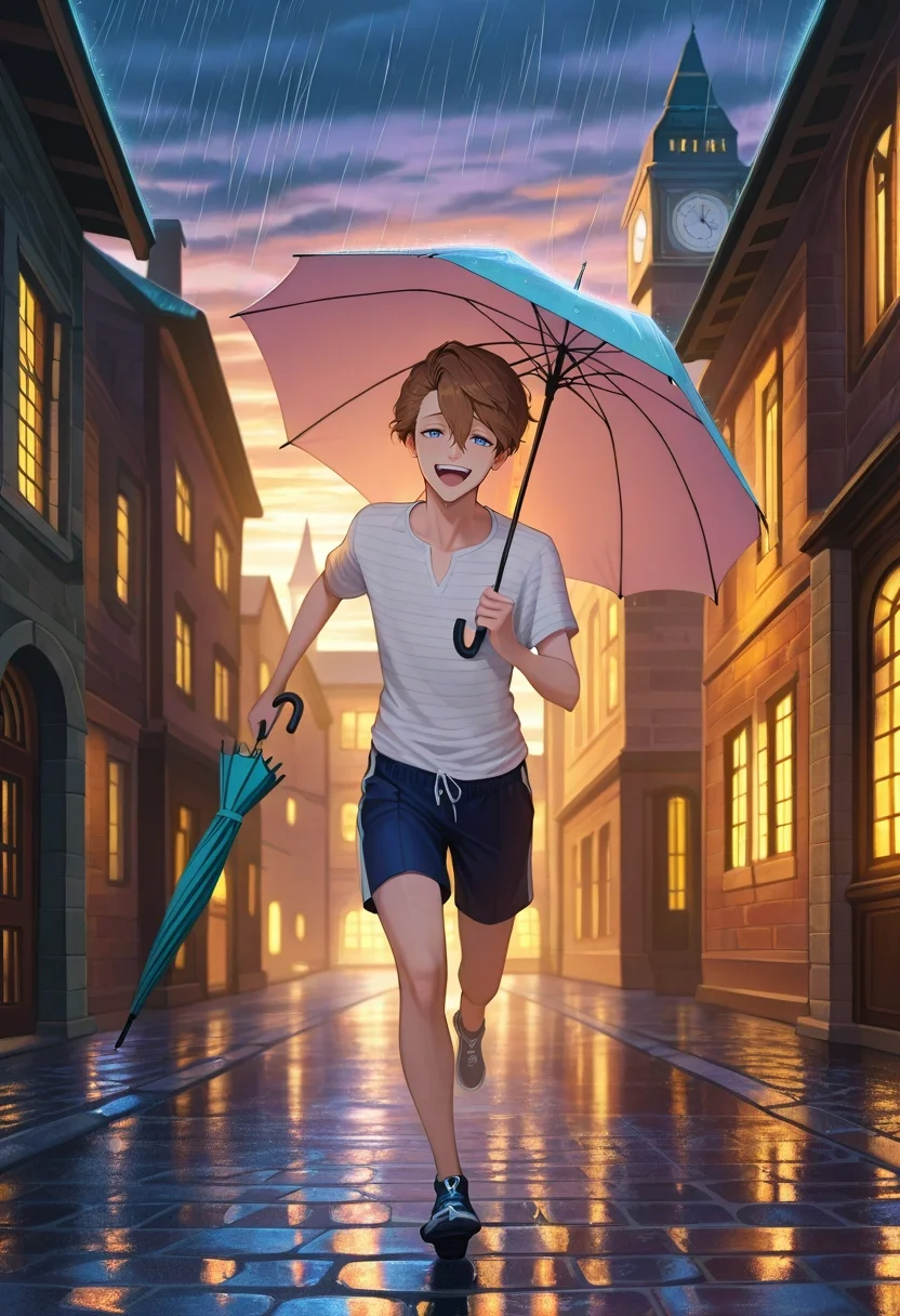 masterpiece, best quality, , semi-realistic, , 1boy, solo, male focus, <lora:langris_vaude_ilxl:0.9>, langris_vaude, brown hair, blue eyes, short hair, hair between eyes, , cobblestone street, rain, window, clock tower, running, evening, holding umbrella, laughing, Sweatshorts, Cotton Striped DeepTurquoise Thermal Henley shirt, , ,