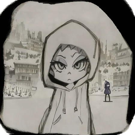 a cartoon drawing of a girl in front of a city in a hoodie close up, pansto art style,