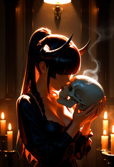 HDR, 8K, high contrast, masterpiece, best quality, amazing quality, very aesthetic, high resolution, ultra-detailed, absurdres, newest, scenery, chiaroscuro, 1girl, goth, solo, blunt bangs, hair over eyes, hair covering eyes, long hair, red high ponytail, braid, devil horns, natural breasts, cleavage, mourning dress, (holding skull, kissing skull), half body portrait, posing, breast focus, lit candles, candle light, dim lighting, dark room, fog, smoke, BREAK, photorealistic, beautiful detailed eyes, detailed skin, detailed hair, volumetric lighting, dappled light, light particles, dramatic shadows, cinematic lighting, photo background,