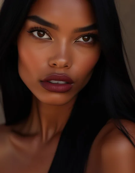 A close-up of a model with silky, straight raven-black hair, her almond-shaped eyes piercing and focused, her lips pressed together in determination. <lora:usual-portrait-v2:1>