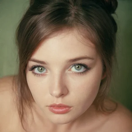 analog film photo (EuroBabe, Eastern, brunette, green eyes, indoors, makeup) . faded film, desaturated, 35mm photo, grainy, vignette, vintage, Kodachrome, Lomography, stained, highly detailed, found footage