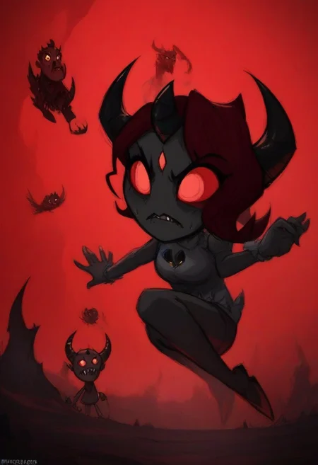 1girl, bestia-isaac, horns, short hair, red hair, red eyes, colored sclera, red sclera, colored skin, black skin, demon girl in darkness floating in crimson red sky