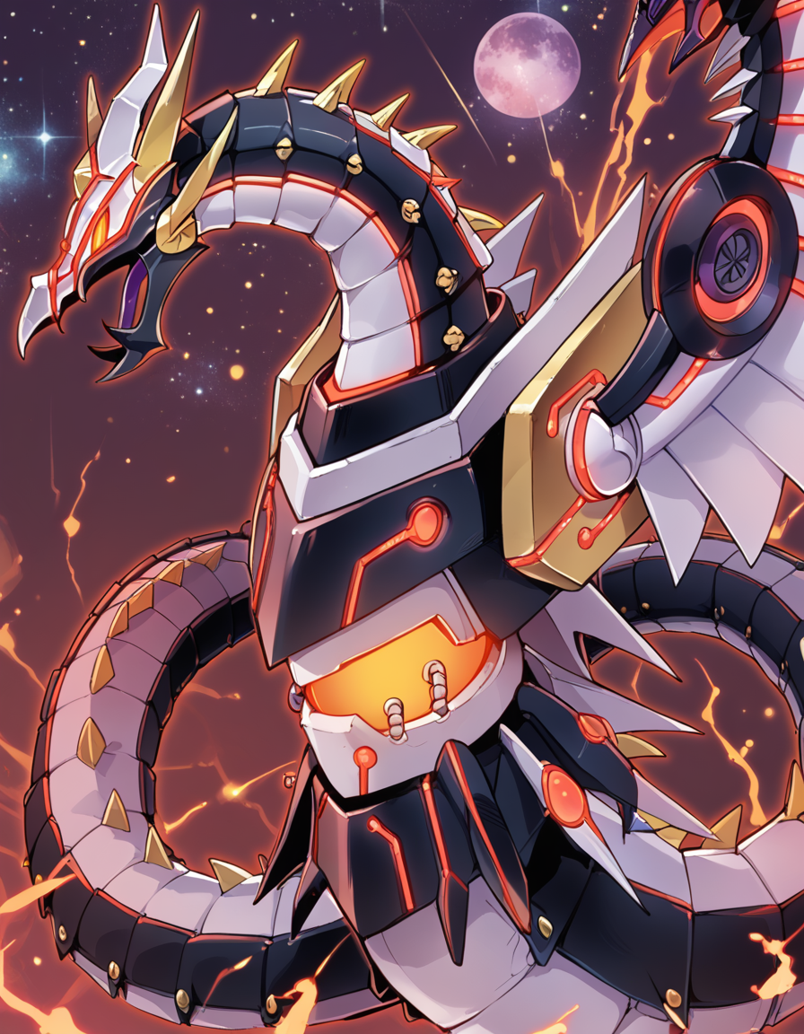 (score_9:0.9),score_8_up,score_7_up,rating_safe,(zPDXL3),
<lora:Cyber Dragon Infinity ponyXL v1.12:0.8>,
 cyber dragon infinity, spikes, solo, open mouth, glowing, from side, space, mecha dragon, no iris, no pupils