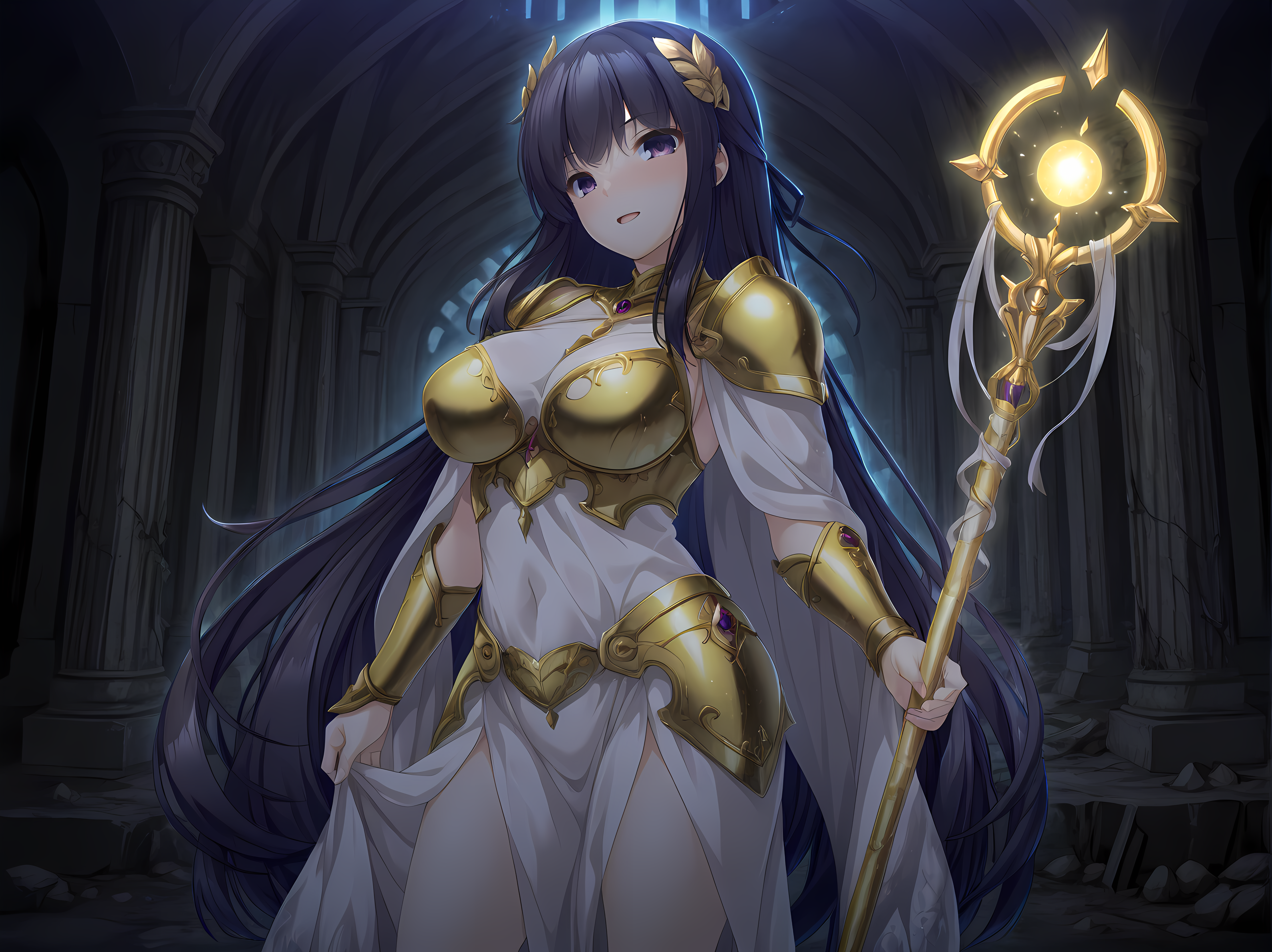 kagami,parted lips,escude,breasts,long hair,large breasts,black hair,purple eyes,very long hair,blush,smile,<lora:Kagami_Shura_-_Illustrious:1>,looking at viewer,(mythical character:1.3) adorned in (golden armor:1.2),intricate patterns,flowing (silk cape:1.1),holding a (glowing staff:1.5),surrounded by (ethereal light:1.2),celestial background,(ancient ruins:1),dramatic lighting,, masterpiece,best quality,amazing quality,