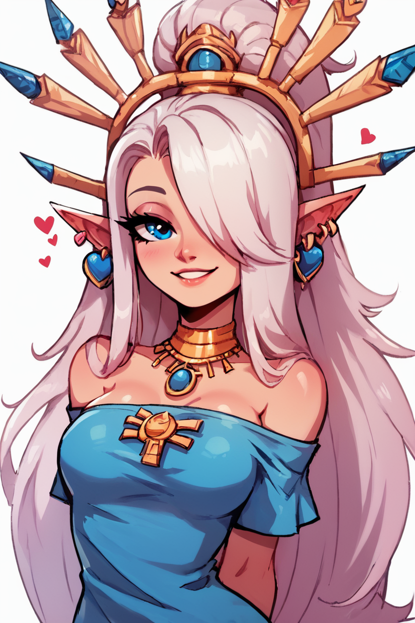 score_9, score_8_up, score_8, medium breasts,        yvraine, long hair, smile, simple background, shirt, white background, jewelry, very long hair, white hair, earrings, off shoulder, hair over one eye, arms behind back, blue shirt,   <lora:Yvraine_Warhammer_40K_P1:0.8>,  <lora:BoldCAT_P3:0.8>, <lora:Semi3D:0.3>,