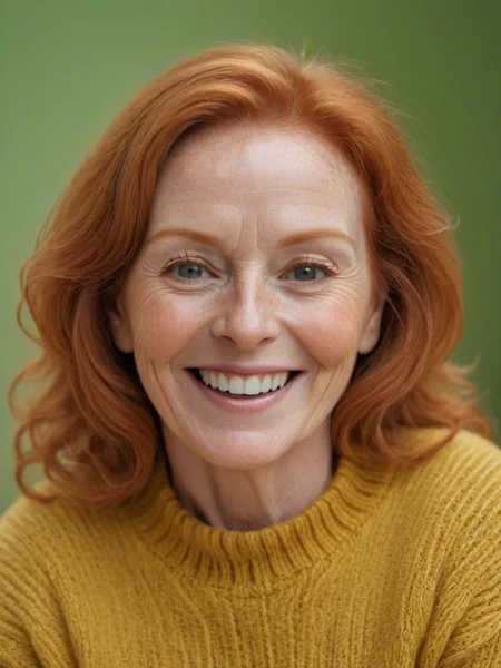 closeup happy face of ginger mature 1woman natural beauty <lora:Natural_Portraits_v1:1>, Brazilian, spring sweater