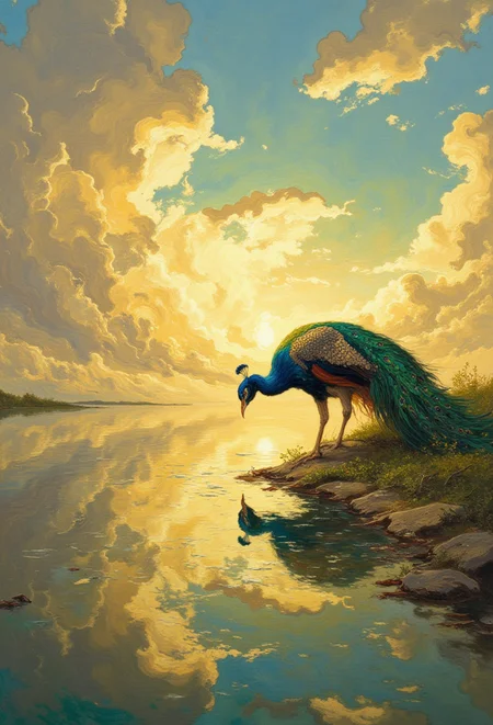 DB4RZ,<lora:FLUX-daubrez-DB4RZ-v2:1>, romantic art, low angle, This fantastical painting depicts a single peacock drinking water from a tranquil lake at sunset with clouds casting shadows across the sky. The setting sun bathes the scene in a warm golden light creating an ethereal atmosphere. The peacock's feathers are painted with incredible detail each individual scale visible under the artist's skilled hand. The clouds in the background are depicted in a gradient of colors from soft yellow and oranges to deep blues and gold adding to the dreamlike quality of the scene. The overall style is reminiscent of fantasy art with a focus on intricate details and a sense of wonder. The image is a true masterpiece showcasing the artist's exceptional skill in capturing the beauty and majesty of nature in a surreal and imaginative way. pastel colors,