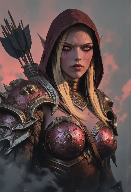 1girl, Silvanas, red glowing eyes, spiked armor, skulls on armor, intimidating appearance, large breasts, pendant, long blonde hair that is partially covered by a hood, Behind her is a quiver of arrows, Her expression and posture convey confidence and cold calm, while fog or smoke hovers around her, The background is painted in soft sunset shades, adding drama to the scene,