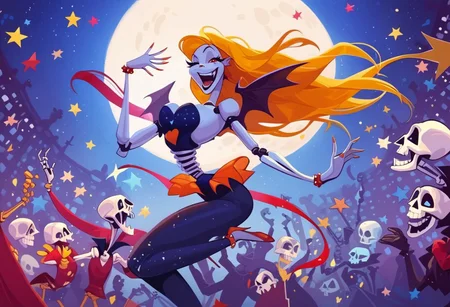 score_9, score_8_up, score_7_up, score_6_up, scenario, halloween party, 1girl, stand, singing, sexy pose, looking at viewer, at stage, lights, music band background wit music instruments, skeleton body, skeleton face, Skeleton girl dancing, blonde long hair, dancing with a skeleteon with tuxedo, skeleton body, skeleton face, crowd cheering
bif moon, bats flying, color papers plying