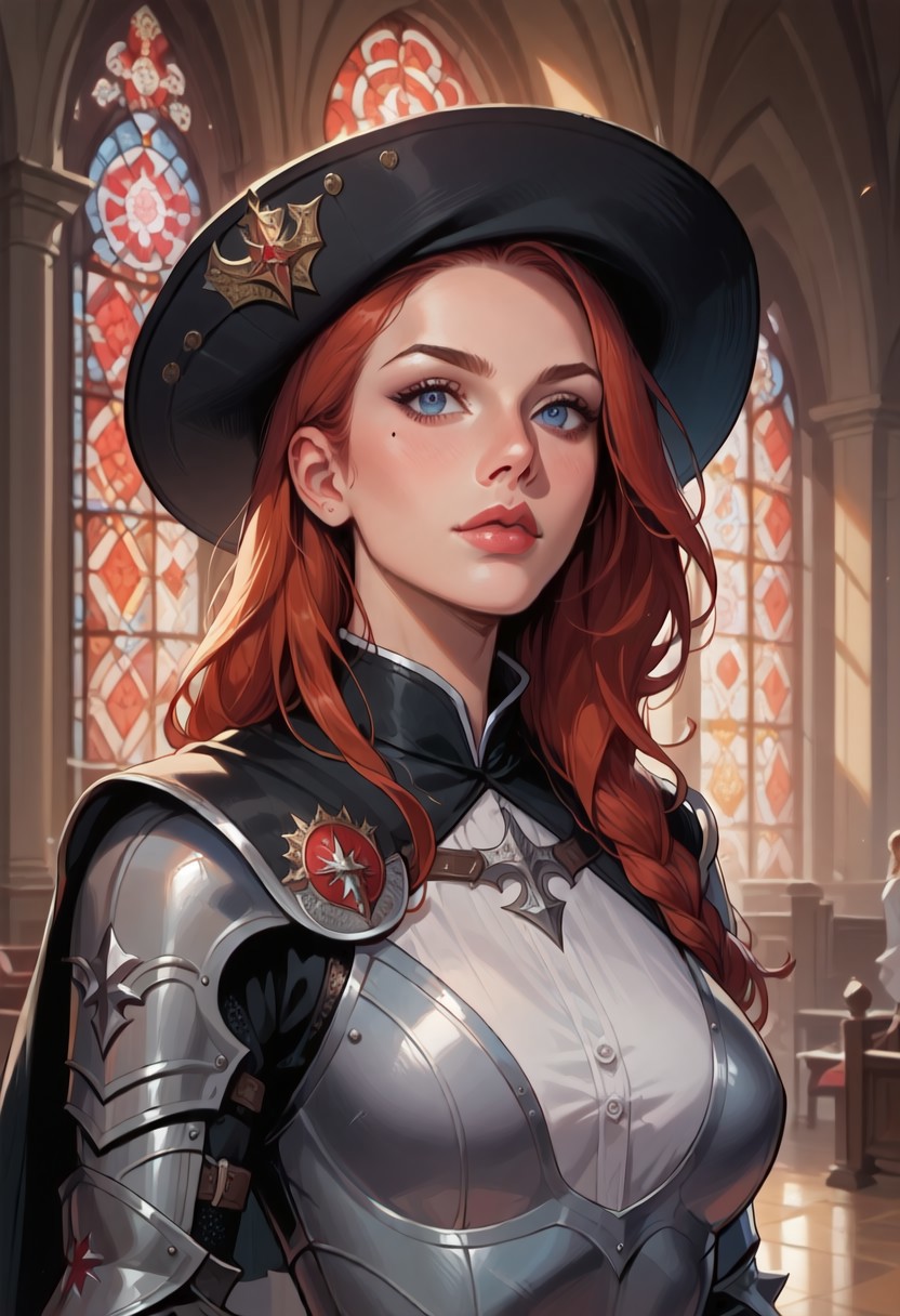 score_9, score_8_up, score_7_up, 8k, portrait, upper body, concept art twilight, vintage illustration,
1girl, solo, female, clothes, dark-auburn hair:1.3, long hair, dark-blue eyes, mole under eye,
dynamic pose, medieval, heavy armor, leather armor, plate armor, black cape, feathered hat, large feather, large hat:1.4, wide-brimmed hat, inquisitor, inquisitor hat, red hat, in a cathedral, gothic stained glass windows, beautifully backlit, depth of field:1.5, indirect lighting:1.3, high contrast shadows, dramatic shadows across face:1.2, cinematic lighting on face, cowboy hat,