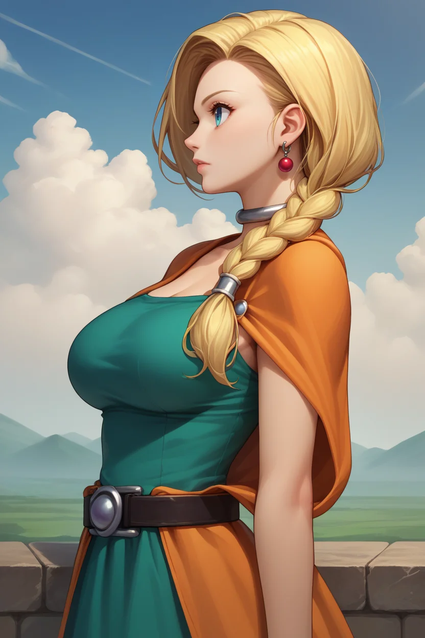 score_9, score_8_up, score_7_up, source_anime BREAK 1girl, solo, <lora:dqbianca-pdxl-nvwls-v1:1> dqBianca, single braid, hair over shoulder, earrings, choker, orange cape, green dress, belt, large breasts, profile, sky, clouds