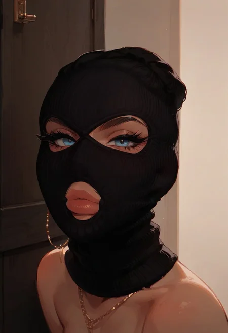 score_9, score_8_up, score_7_up, score_6_up,
rating_explicit, 1woman, sexy thief, black mask, threeholkn1tskimask, big natural lips, perfect round breasts, thick eyelashes, light-blue eyes, looking at viewer, naughty, closet mouth, from side, close-up, focus on eyes