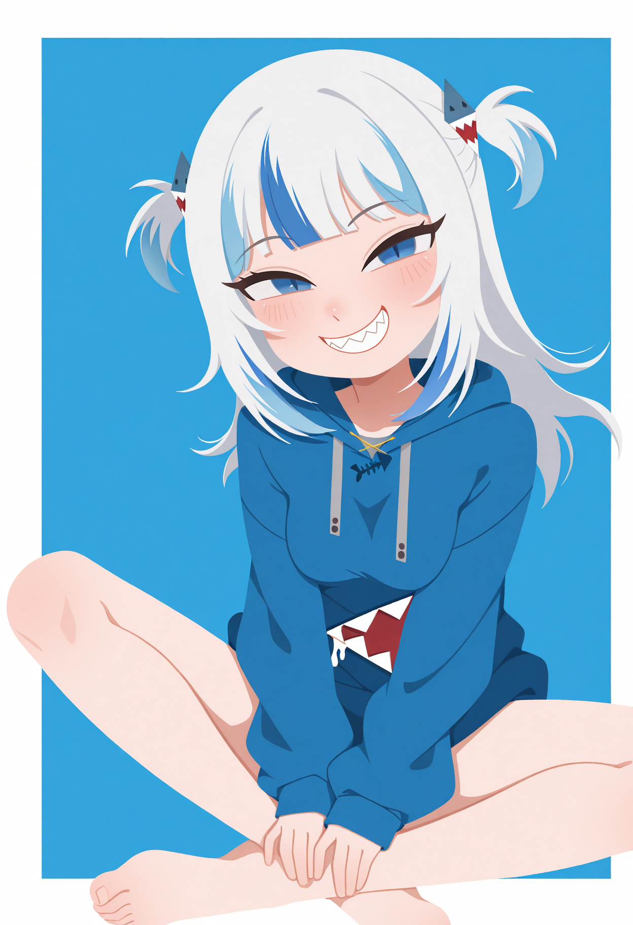masterpiece, best quality, good quality, flat color, no lineart, simple background, blue background, white border, outside border, looking at viewer, blue eyes, slit pupils, grin, sharp teeth, smug, fang, narrowed eyes, grey hair, streaked hair, blue streaks, blunt bangs, gawr gura, solo, 1girl, two side up, medium breasts, blue hoodie, sitting, indian style, crossed ankles, barefoot